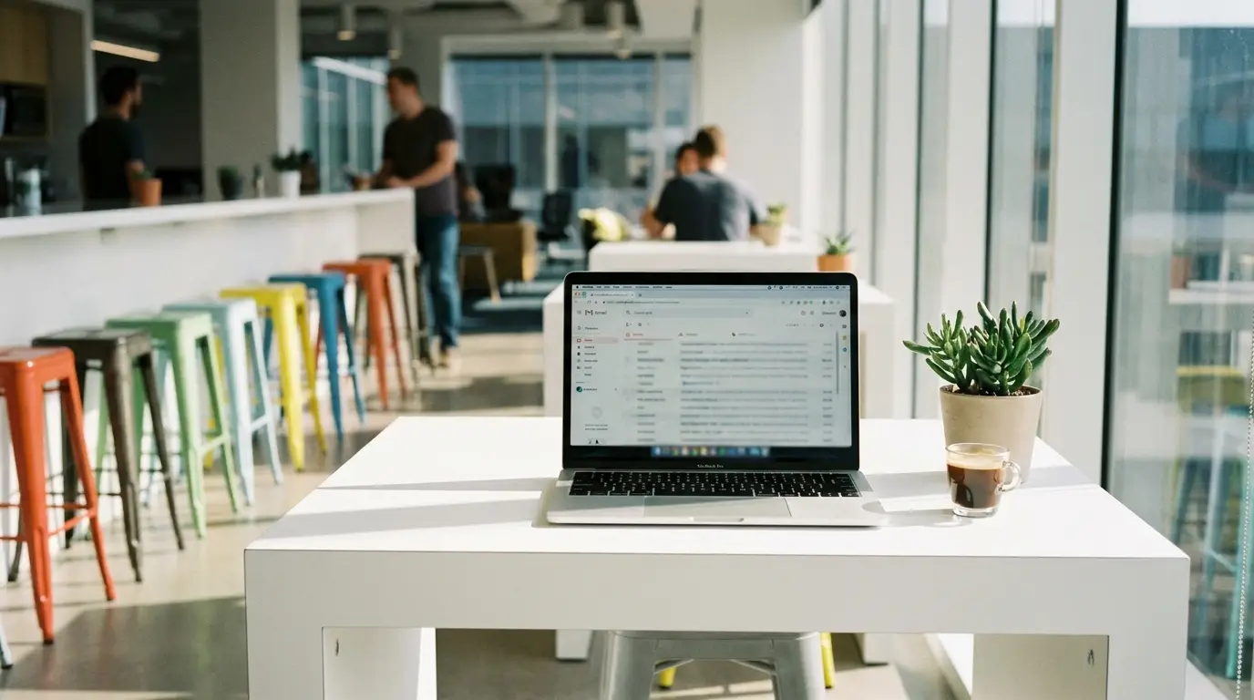 Laptop showing an email inbox on a startup desk